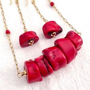 Chunky Red Coral Necklace & Earring Set Handmade, Artisan Crafted